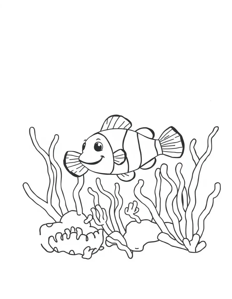 A drawing of a simplified Great Barrier Reef with a smiling clownfish.