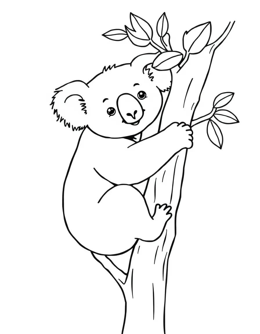 A simplified drawing of a koala bear hugging a eucalyptus tree for coloring.