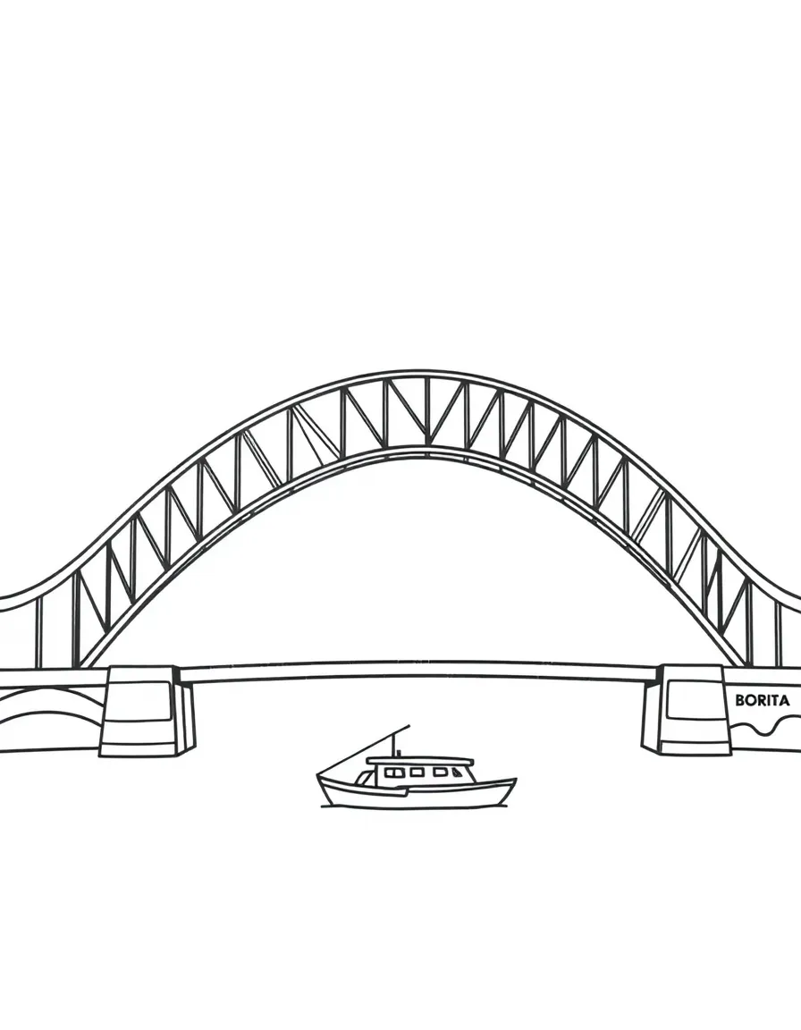 A simple outline of the Sydney Harbour Bridge for coloring, with a little boat underneath.