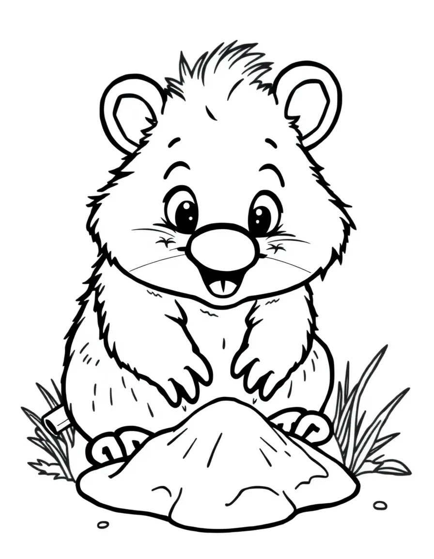 A cartoon-style drawing of a happy wombat digging.