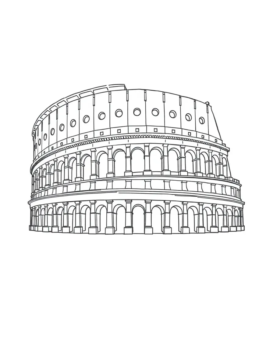 A simple outline of the Colosseum in Rome, with a small cart.