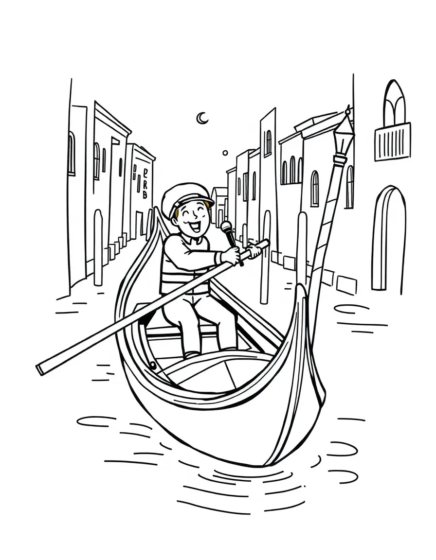 A cute drawing of a friendly gondolier singing in Venice.