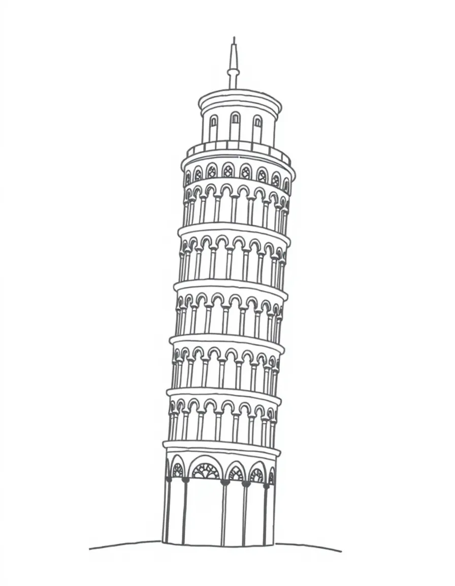 A simple outline of the Leaning Tower of Pisa with a happy cloud.