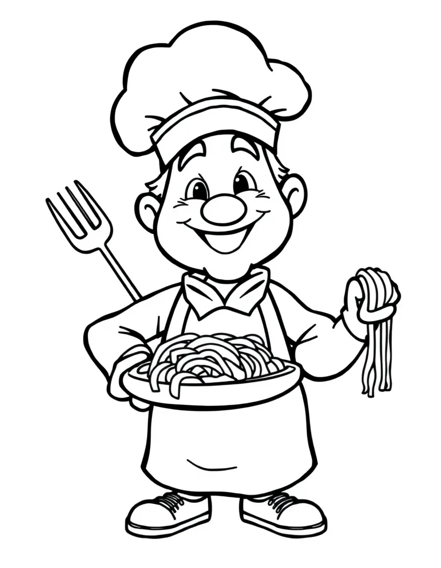 A cartoon-style drawing of a cheerful Italian chef with pasta.