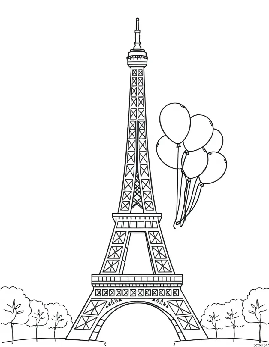 A simple outline of the Eiffel Tower in Paris, with balloons.