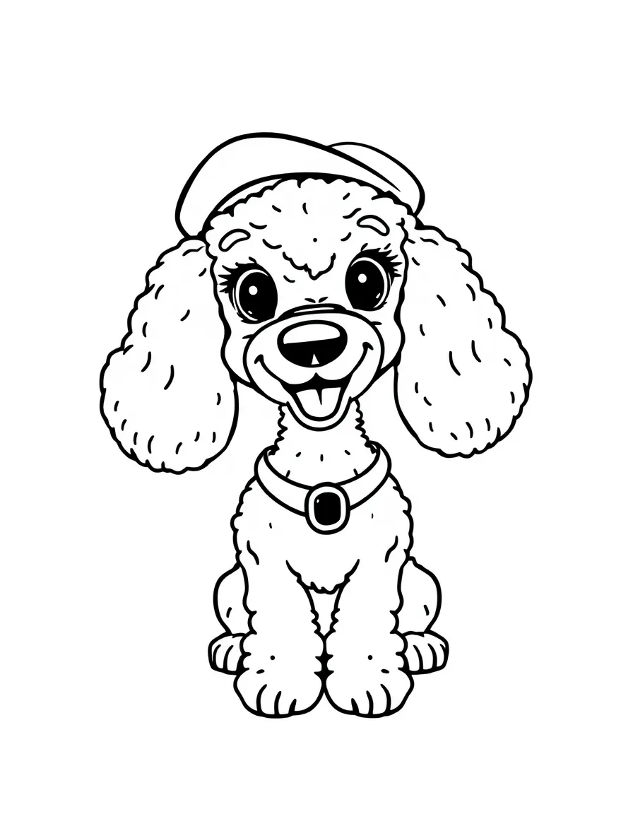 A cartoon-style drawing of a friendly French poodle wearing a beret.