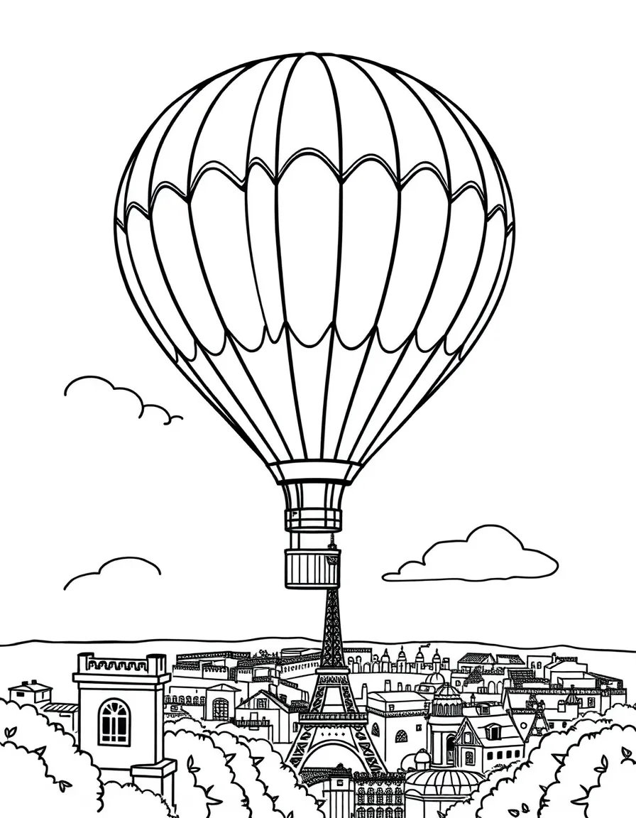 A cute drawing of a hot air balloon floating over Paris.