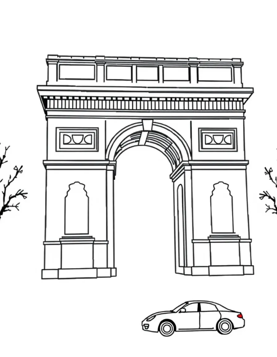 A simple outline of the Arc de Triomphe with a little car.