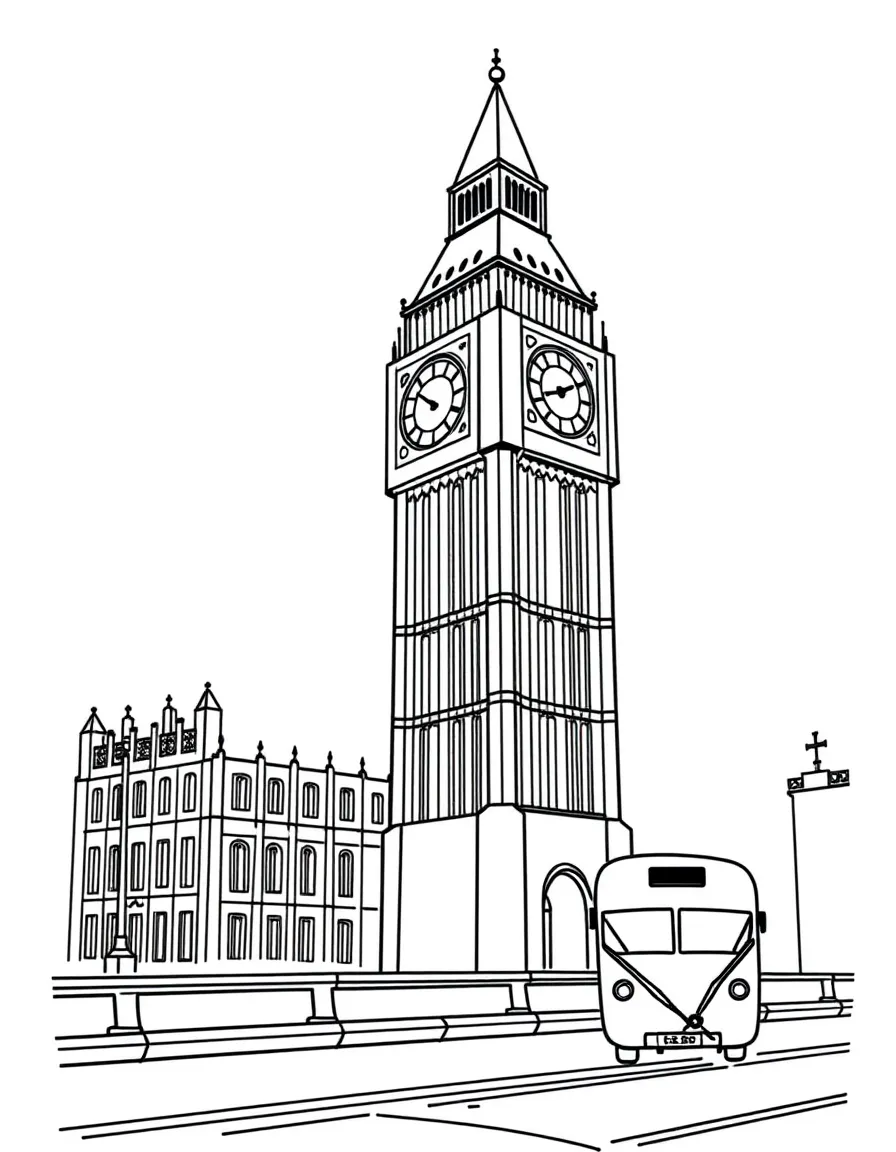 A simple outline of Big Ben in London, with a tiny bus.