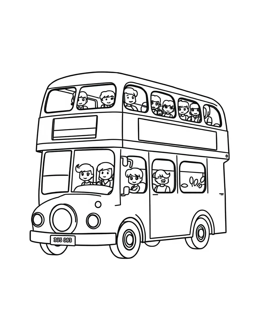A simplified drawing of a double-decker bus with happy passengers.