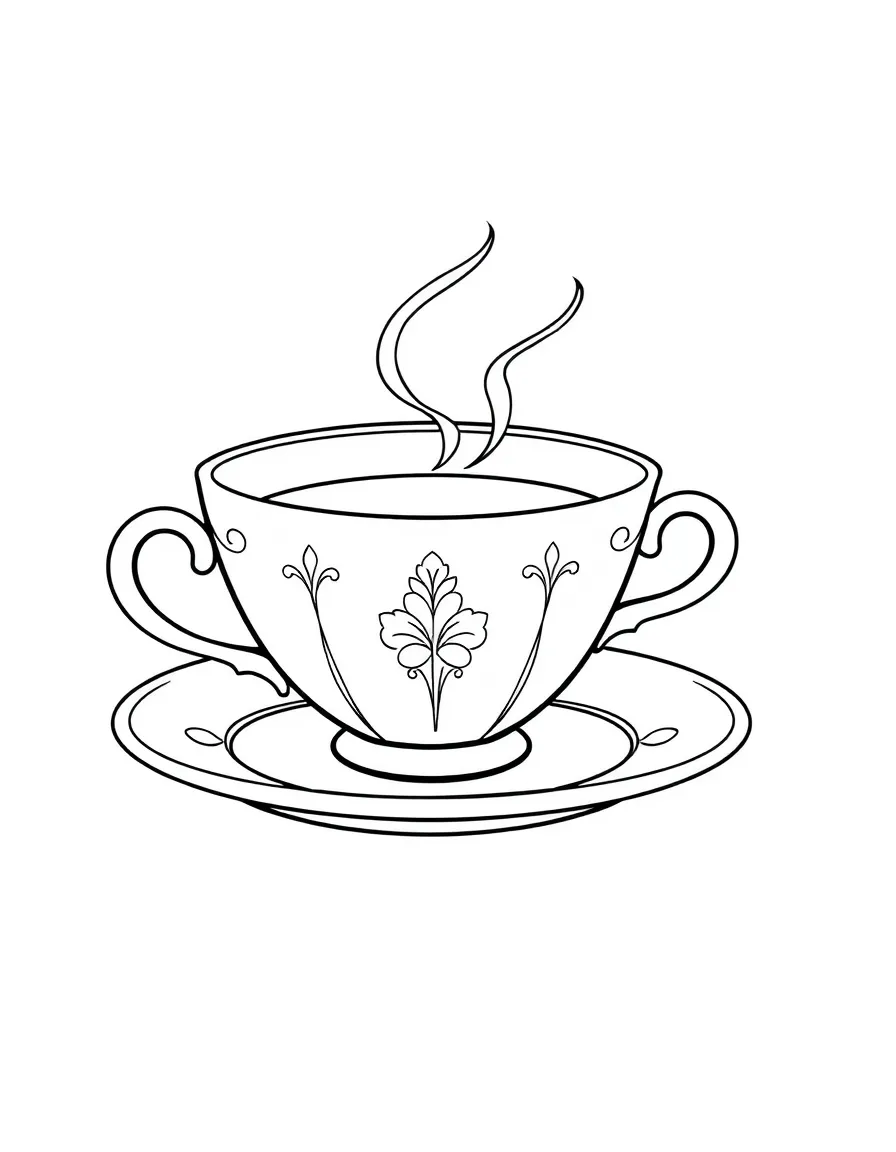 A cute drawing of a British teacup and saucer with steam.