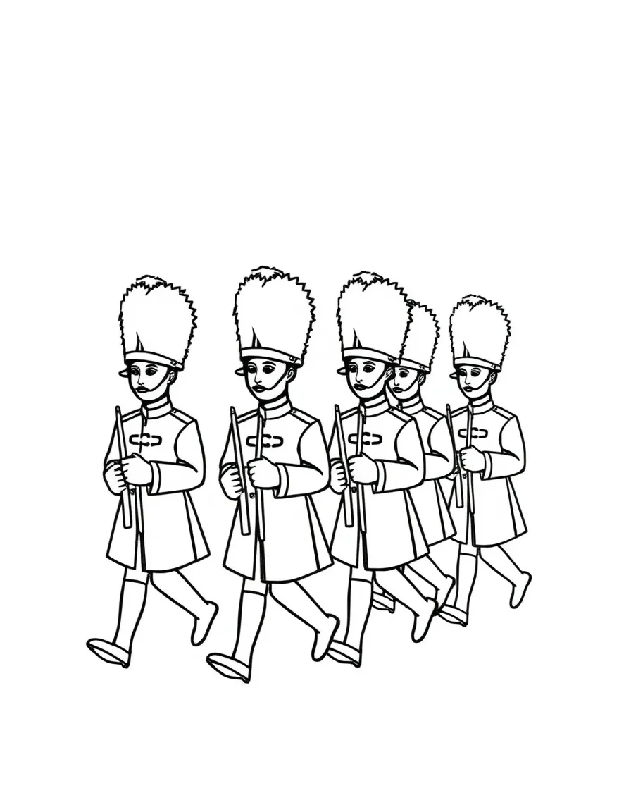 A drawing of a simplified Queen's Guard marching.