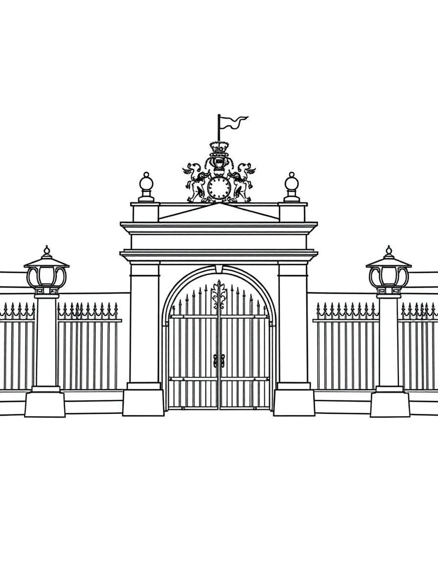 A simple outline of Buckingham Palace gates.