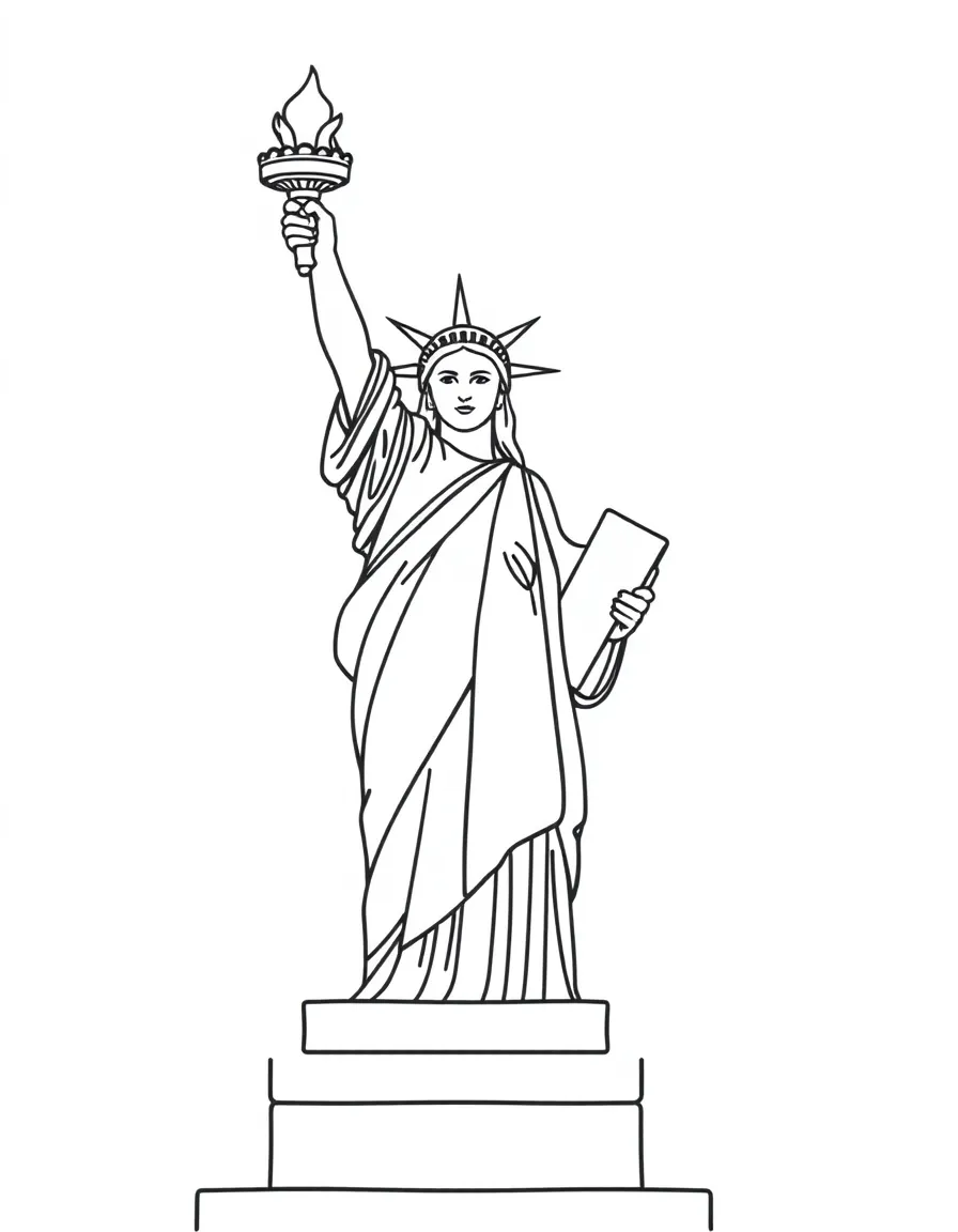A simple outline of the Statue of Liberty in New York, with a happy bird.