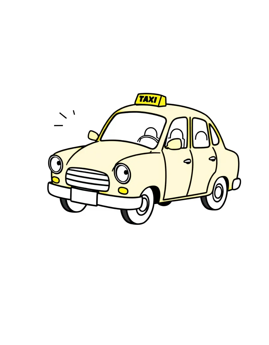 A cartoon-style drawing of a yellow taxi cab honking happily.