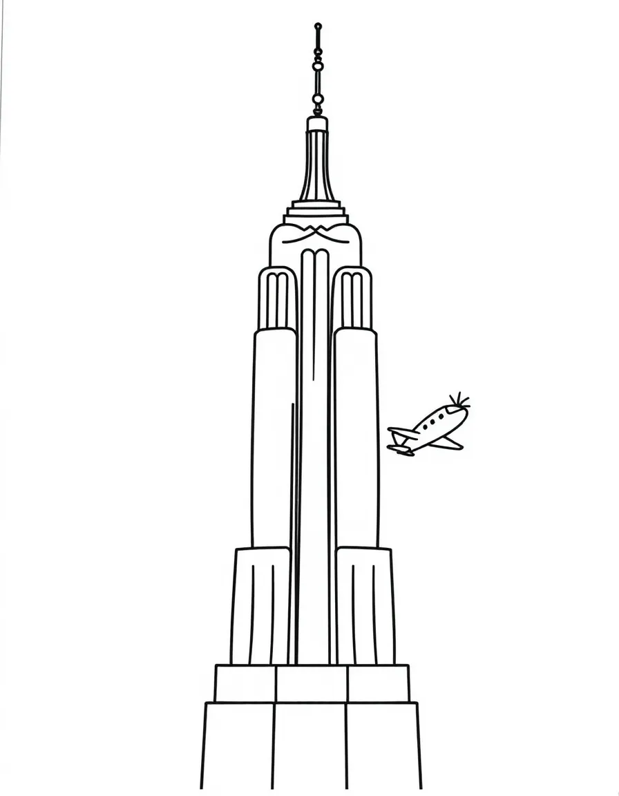 A simplified drawing of the Empire State Building with a happy airplane.