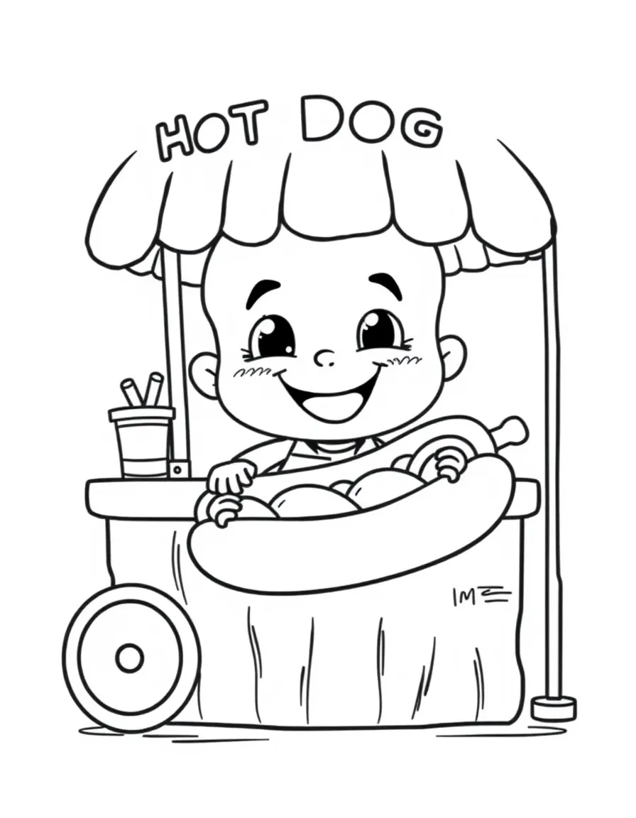 A cute drawing of a hot dog vendor with a big smile.