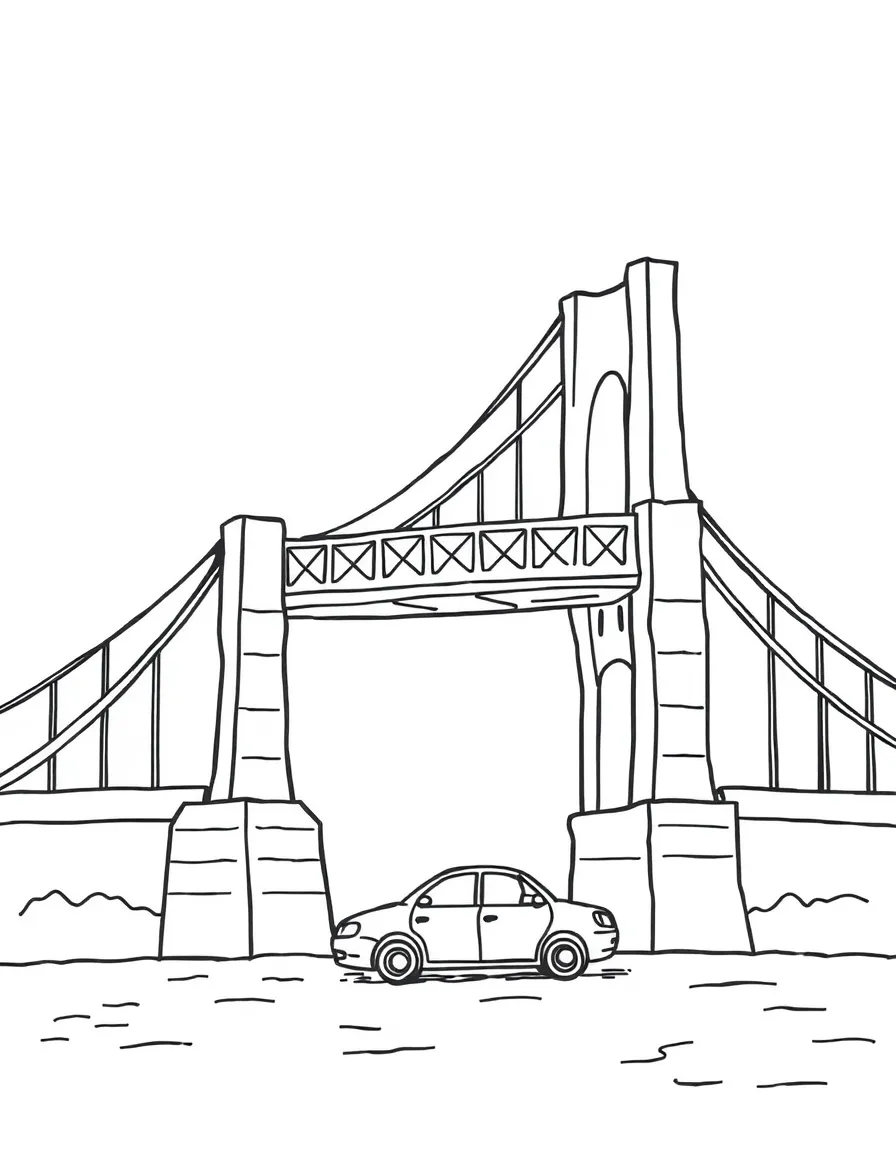 A drawing of a simplified Brooklyn Bridge with a tiny car.