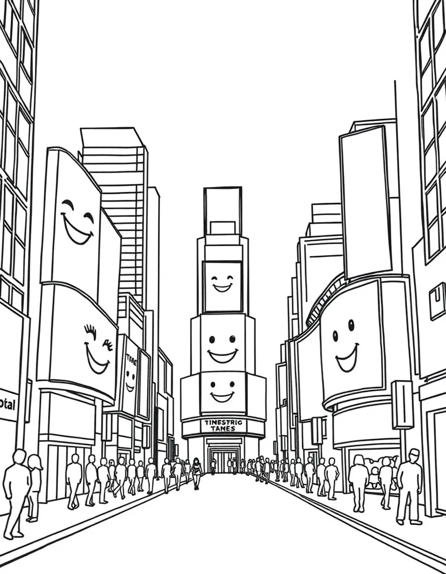 A simple outline of Times Square billboards with happy faces.