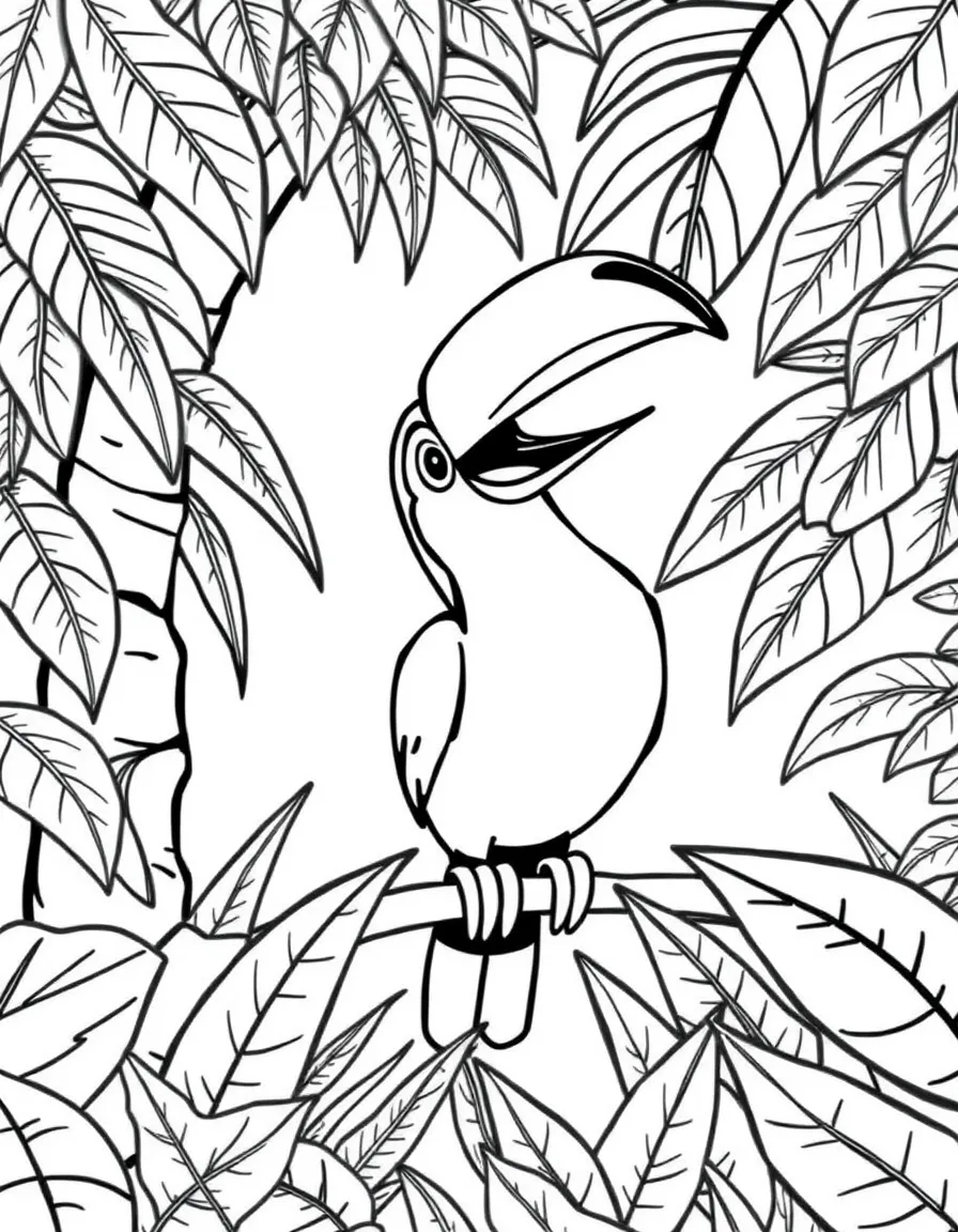 A cartoon-style drawing of a happy toucan in the Amazon rainforest.