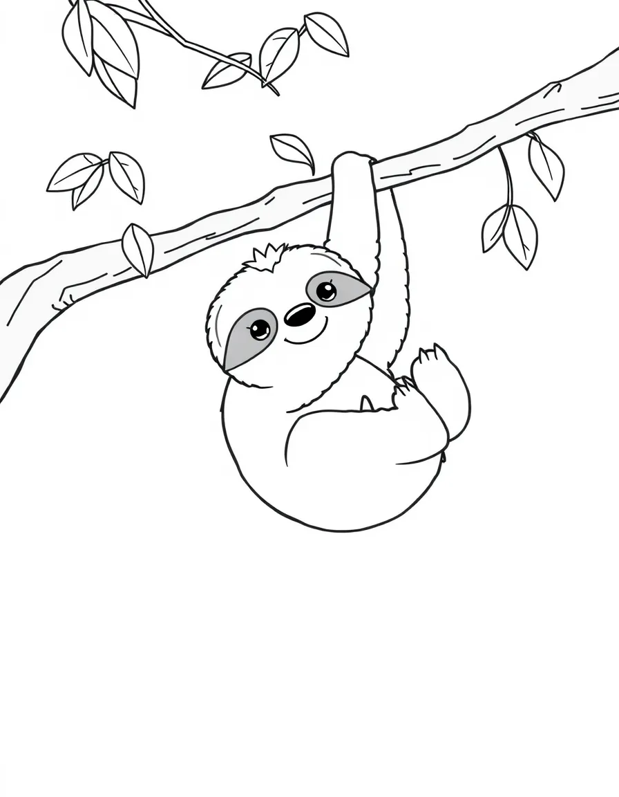 A cute drawing of a friendly sloth hanging from a tree.