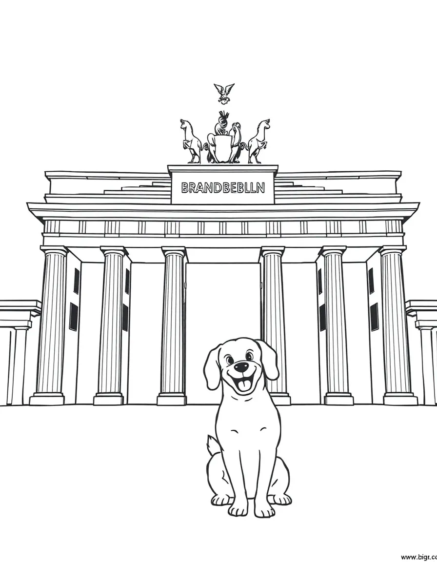A simple outline of the Brandenburg Gate in Berlin, with a happy dog.