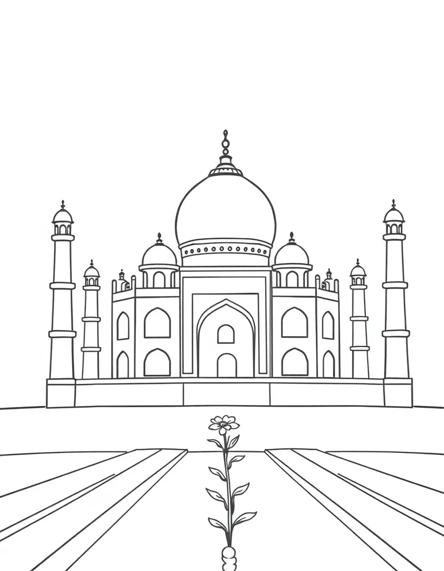 A simple outline of the Taj Mahal in India, with a tiny flower.