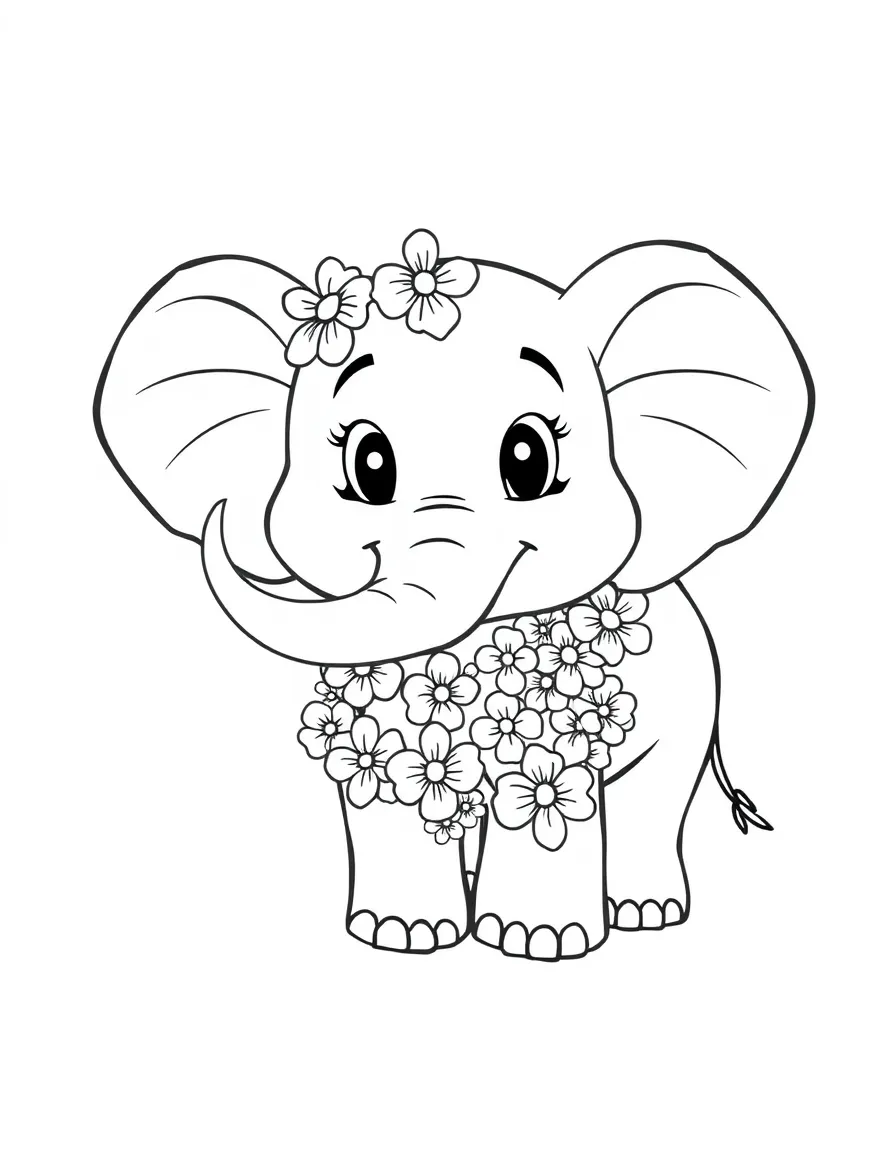 A cartoon-style drawing of a friendly elephant with a flower garland.
