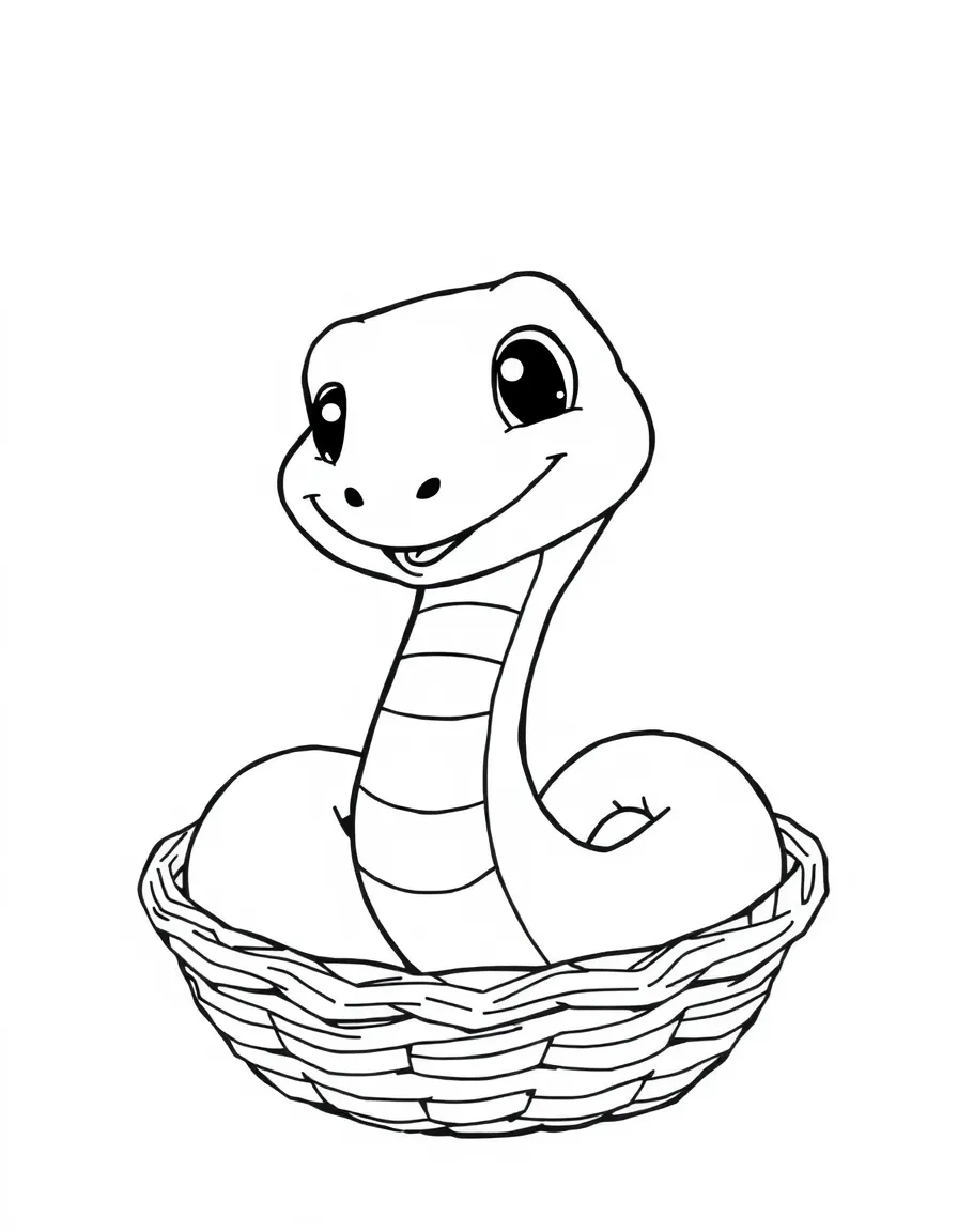 A cute drawing of a smiling cobra in a basket.