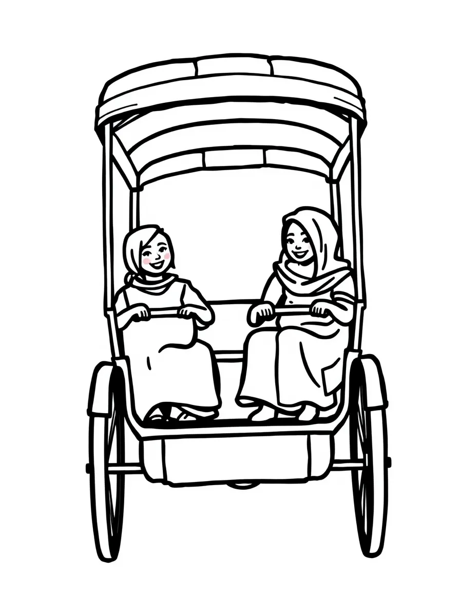 A drawing of a simplified rickshaw with happy passengers.