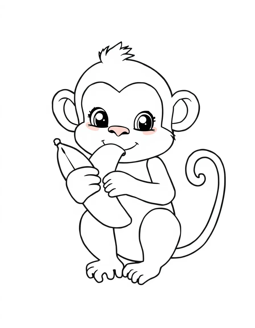 A cute drawing of a monkey eating a banana.
