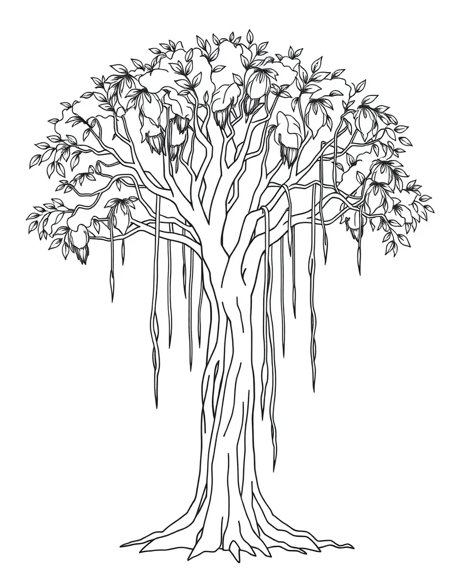 A simple outline of a banyan tree with hanging roots.