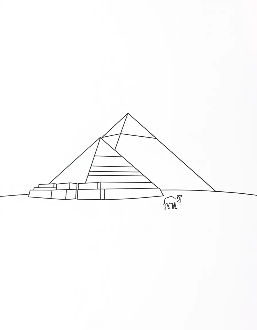 A simple outline of the Pyramids of Giza, with a tiny camel.