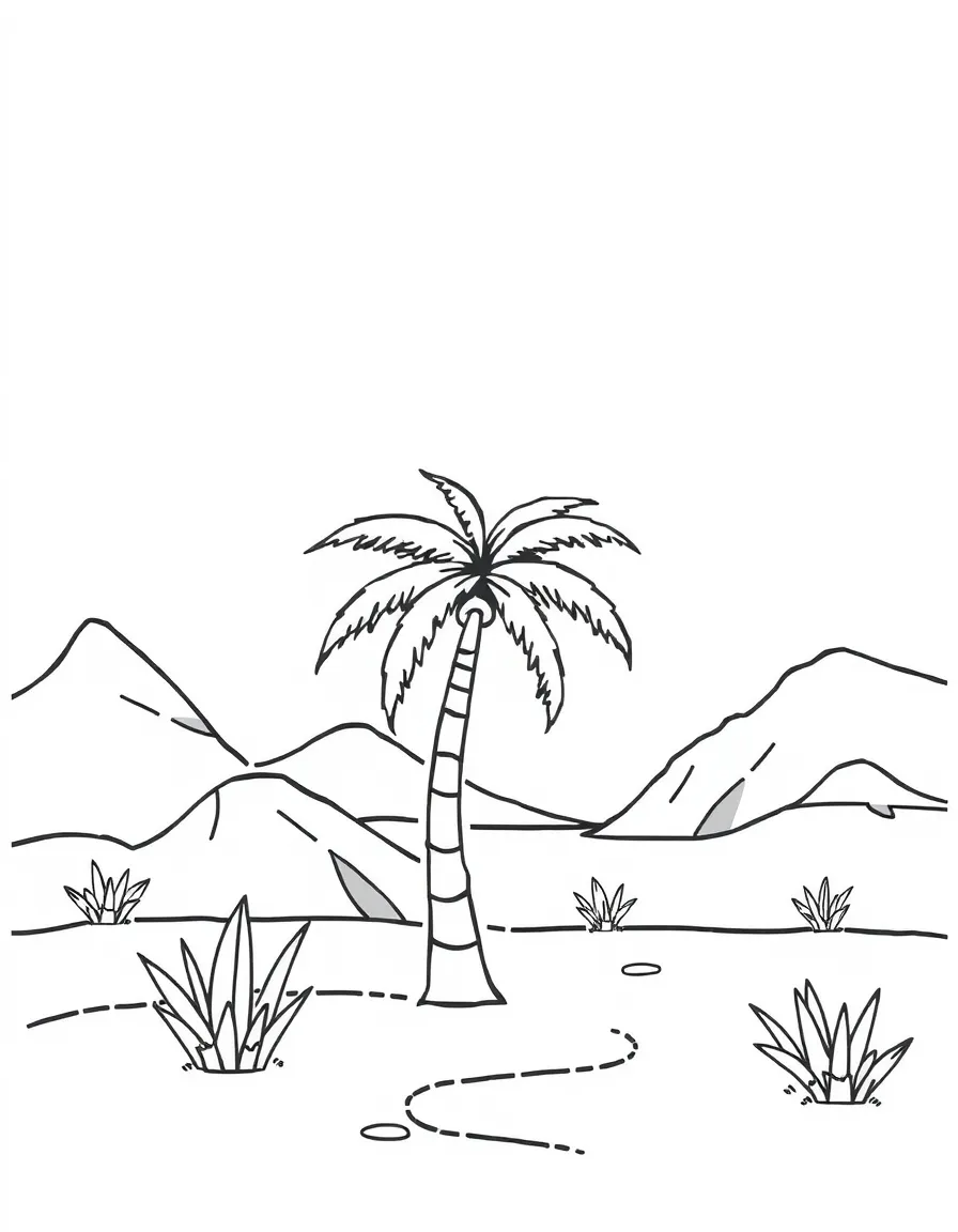 A simplified drawing of a desert oasis with a palm tree.