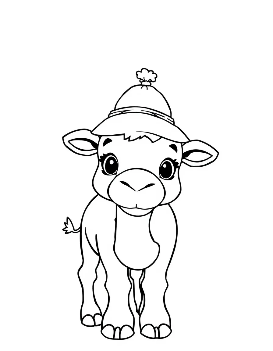 A cute drawing of a friendly camel wearing a small hat.