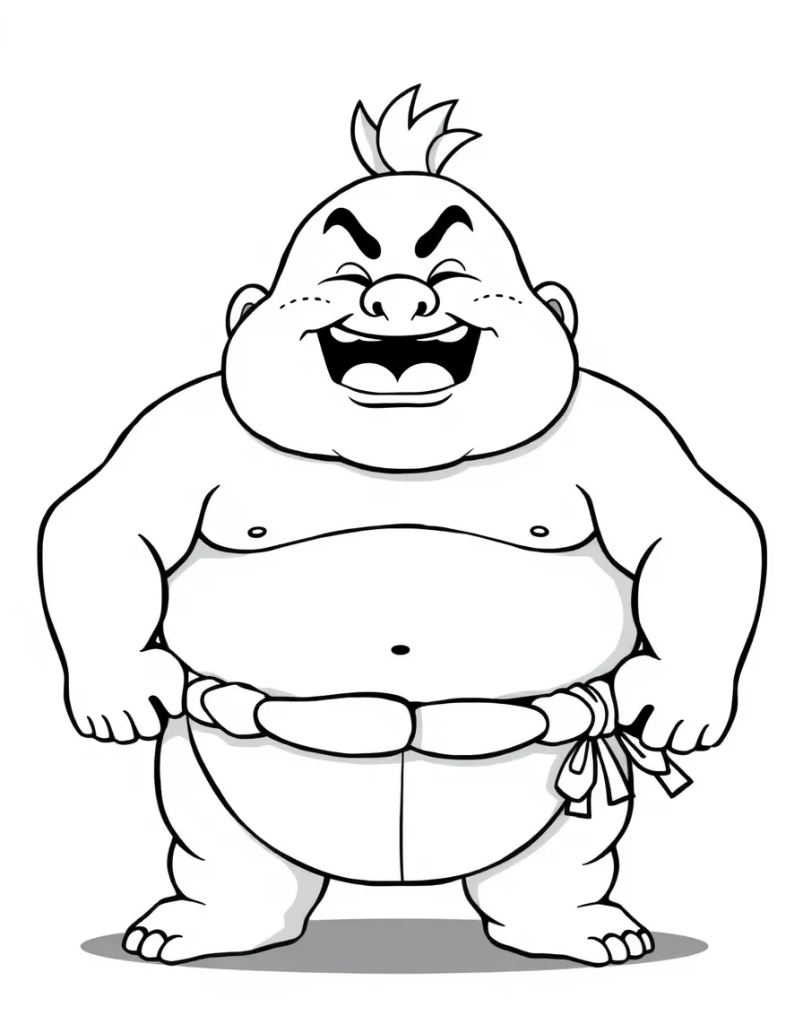 A cartoon-style drawing of a friendly sumo wrestler with a big smile.