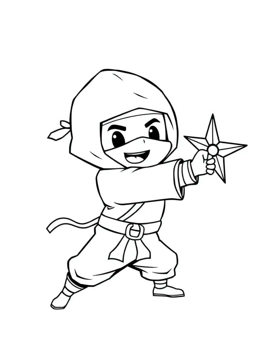 A cute drawing of a happy ninja throwing a shuriken.