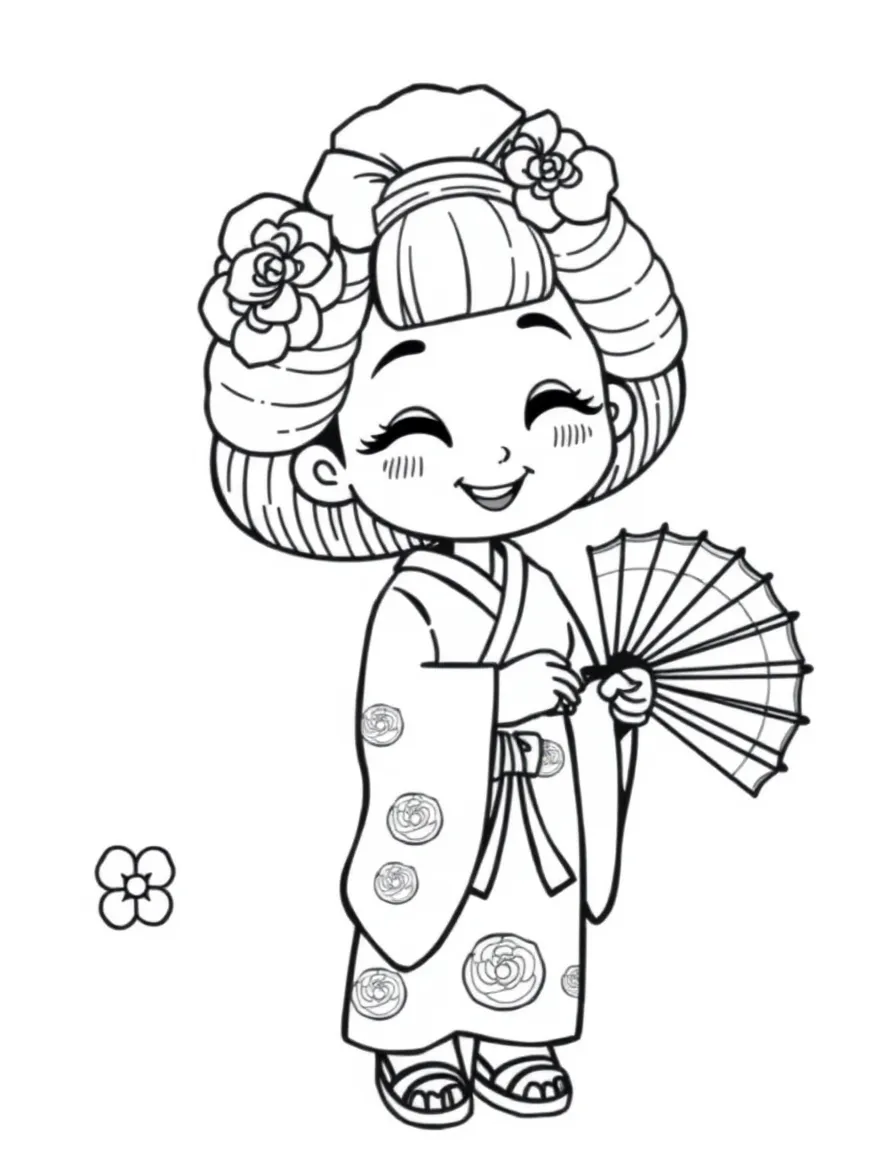 A cartoon-style drawing of a cheerful geisha with a fan.