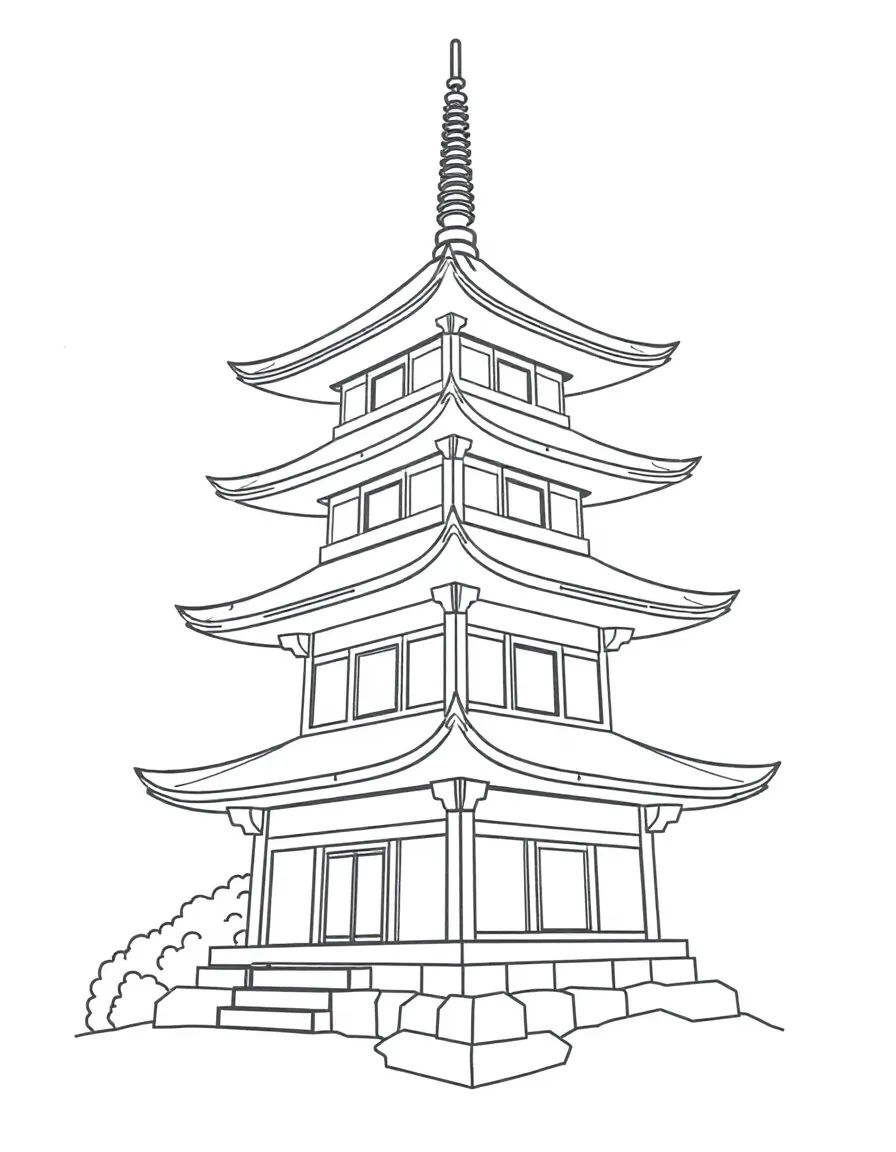 A simplified drawing of a Japanese pagoda.