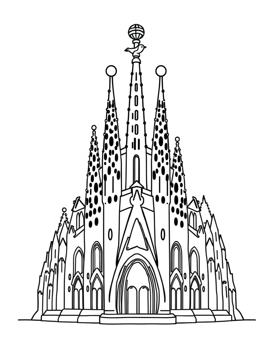 A simple outline of the Sagrada Familia in Barcelona, with a little bird.