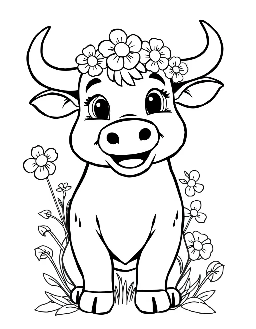 A cartoon-style drawing of a happy bull with flowers.