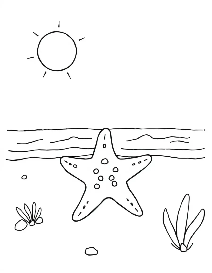 A cute drawing of a sunny beach with a friendly starfish.