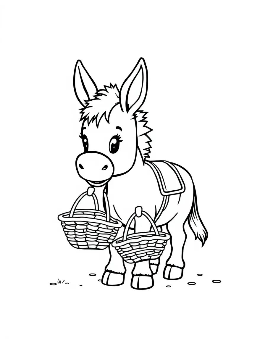 A cute drawing of a tiny donkey carrying baskets.
