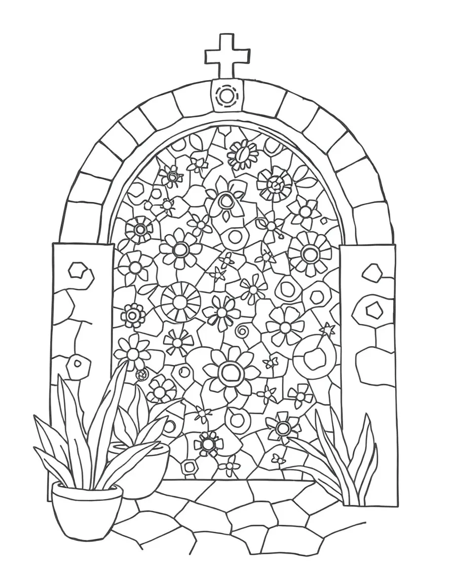 A simple outline of a colorful Spanish mosaic.