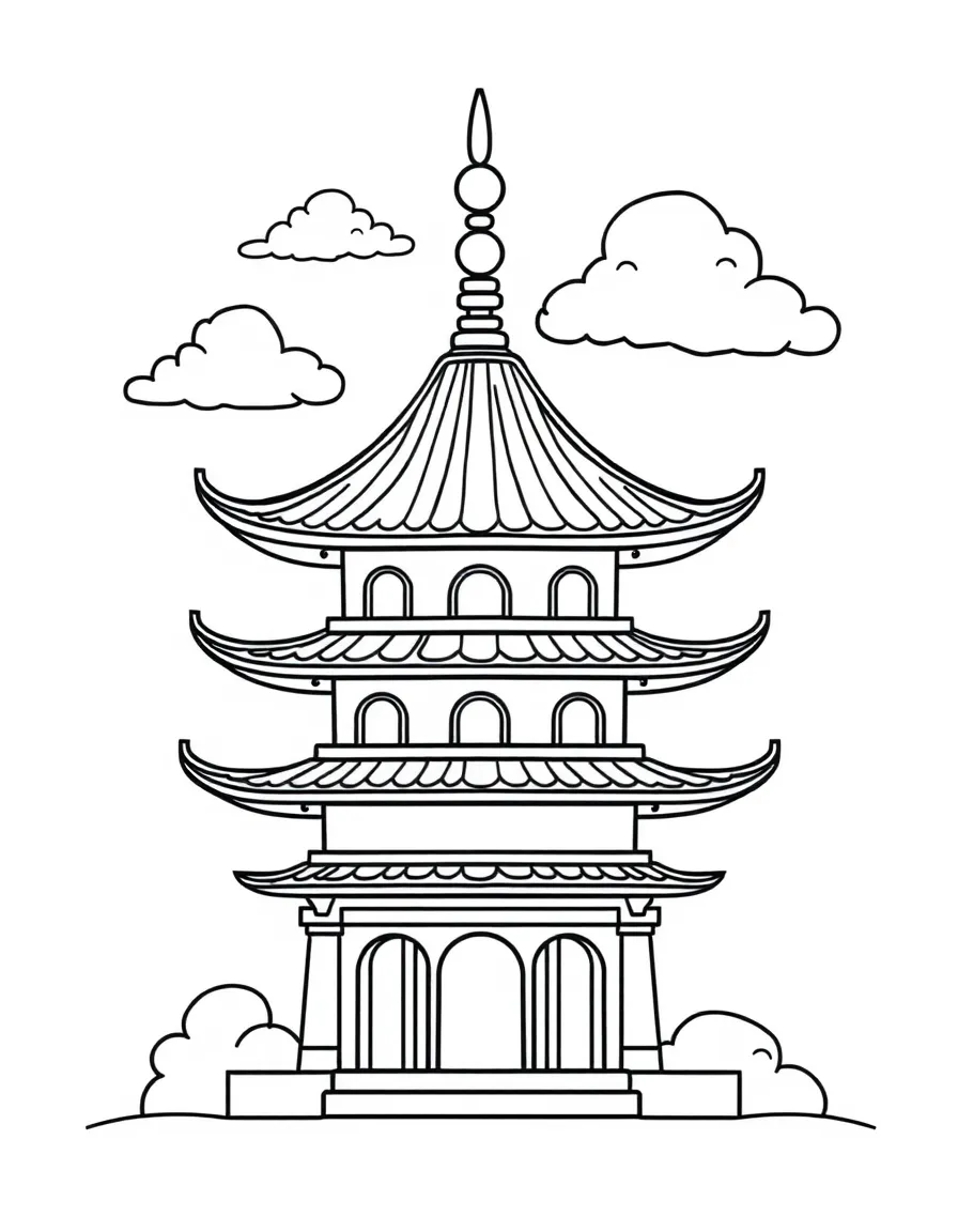 A simple outline of a pagoda with happy clouds.