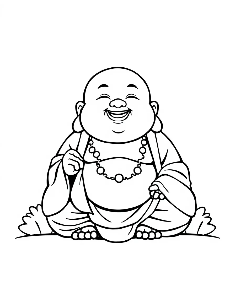 A cartoon-style drawing of a happy Buddha statue.