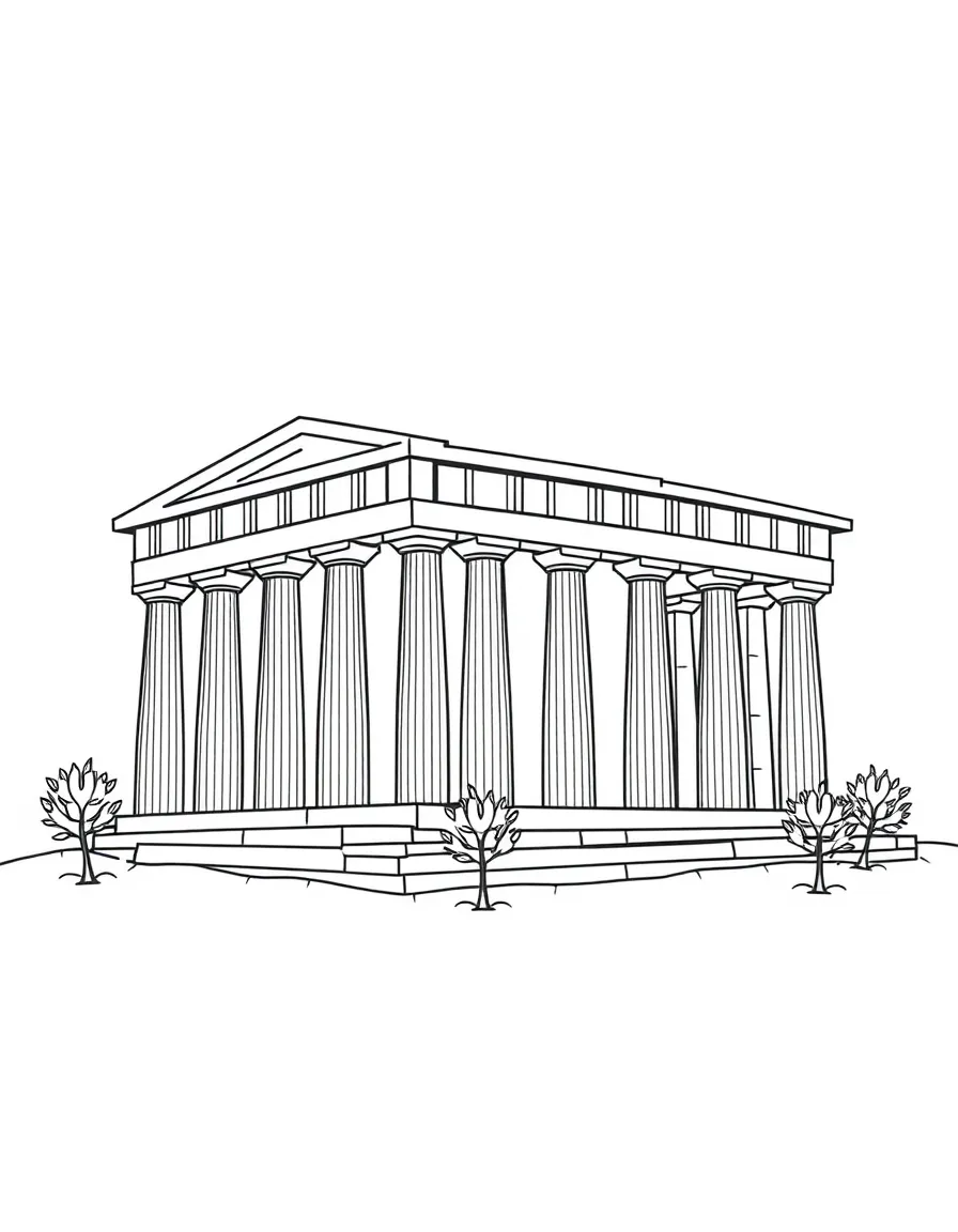 A simple outline of the Parthenon in Athens, with tiny olive trees.