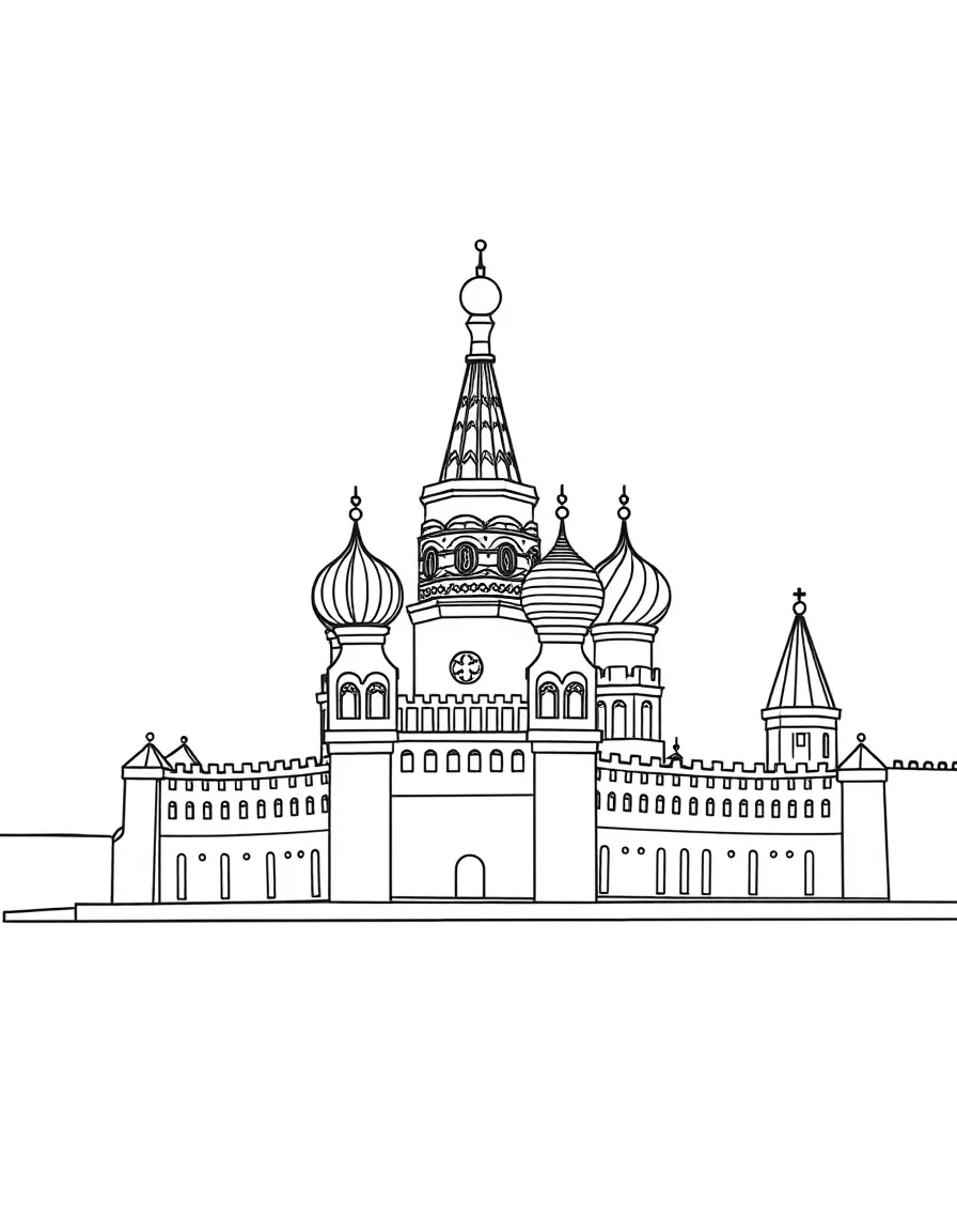 A simple outline of the Kremlin in Moscow, with tiny snowflakes.