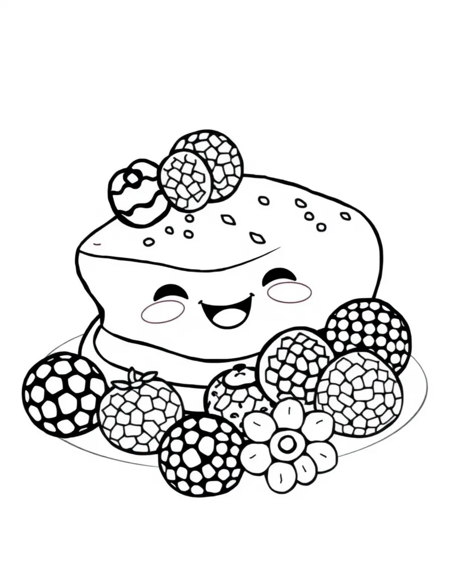 A cute drawing of a delicious blini with happy berries.