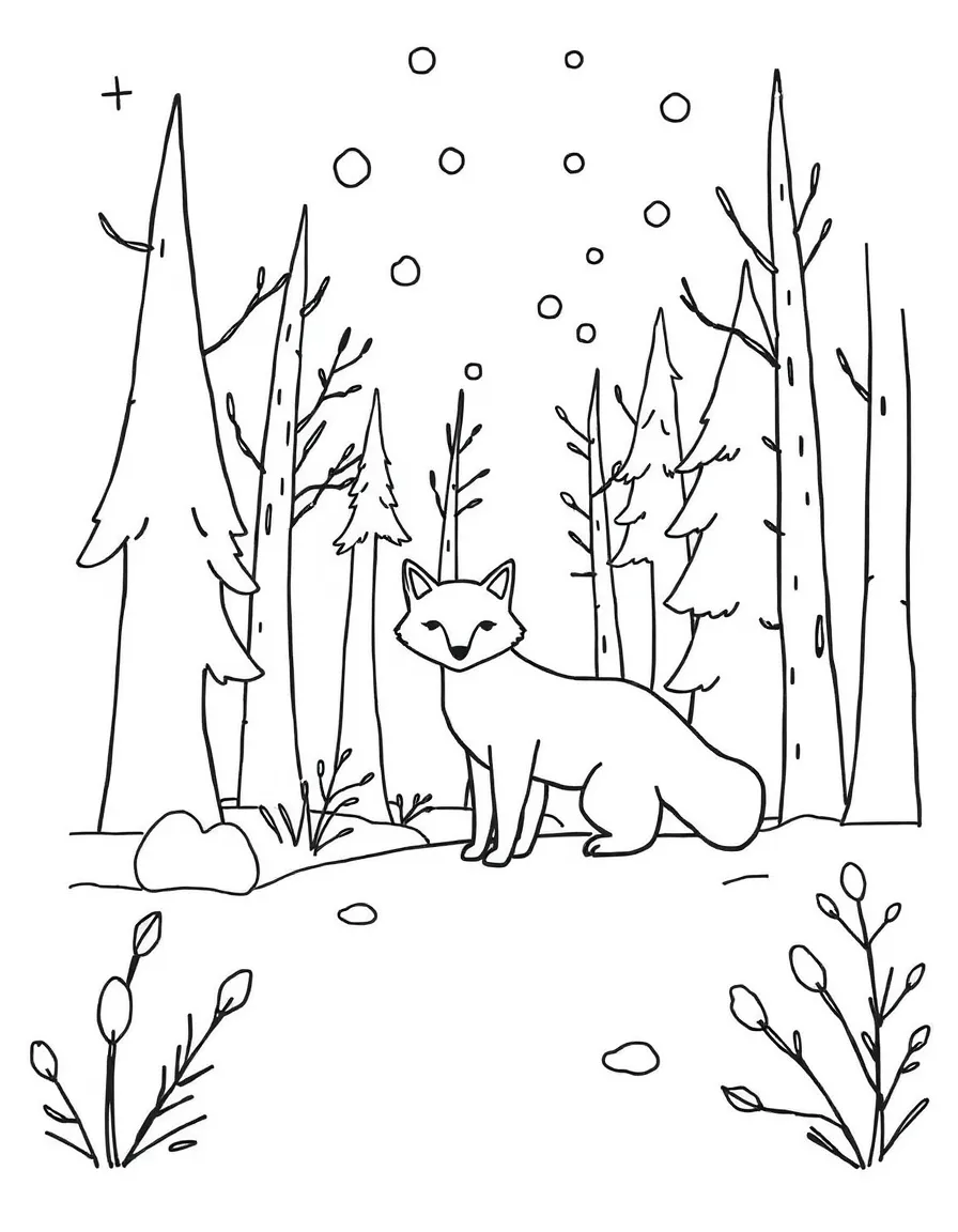 A simplified drawing of a snowy forest with a friendly fox.